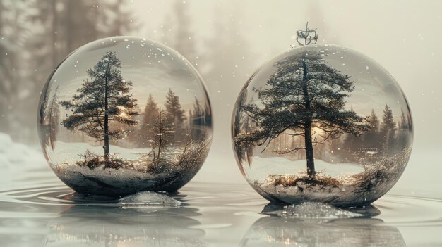 Crystal spheres with trees inside are lined up side by side against a blurry natural background reflects a separate phase of tree development from autumn to winter