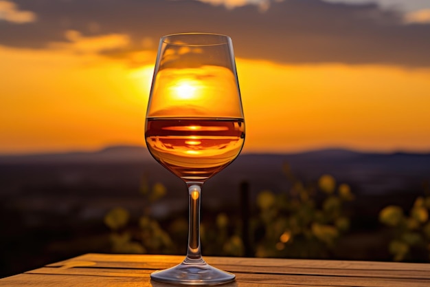 A crystal wine glass filled with dessert wine against a sunset backdrop