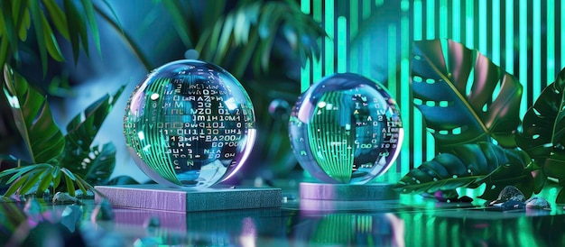 Crystal with Binary Code in Green and Blue Against a Background of Natural