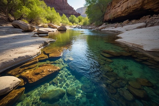 A crystalclear creek winding through a lush canyon