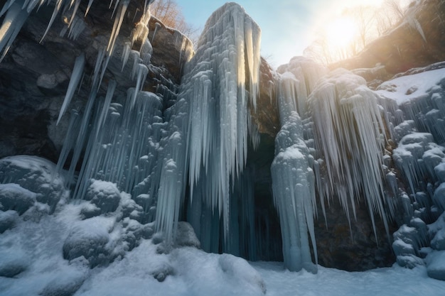 Crystalclear icicles hanging from a snowy cliff created with generative ai