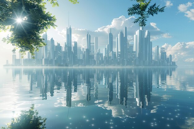 Crystalclear lake reflecting a city of futuristic