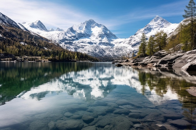 Crystalclear lake reflecting snowcapped peaks