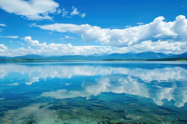 紺碧の空を映す透き通った湖水、穏やかで絵のように美しい夏の背景