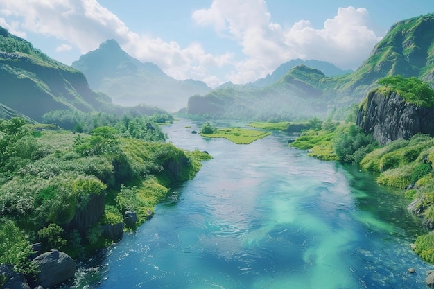 Crystalclear river flowing through a lush valley o