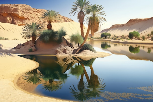 Crystalclear water of oasis in desert on shore of lake in the desert