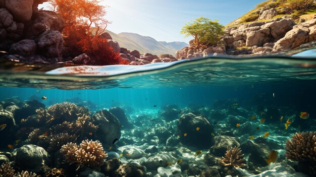 Crystalclear waters reveal red coral reefs flourishing on rocky seabed