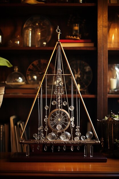 Crystalline pendulum suspended over an intricate divination board