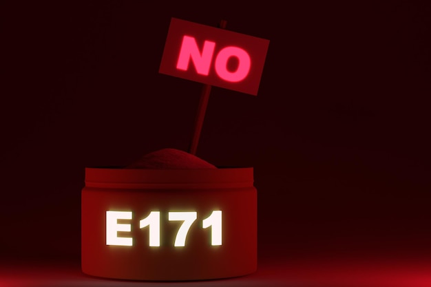 添加剤の結晶E171危険と禁止二酸化チタンの概念赤い背景看板なし