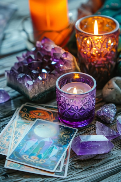 Crystals candles and other divination tools next to the tarot cards Generative AI