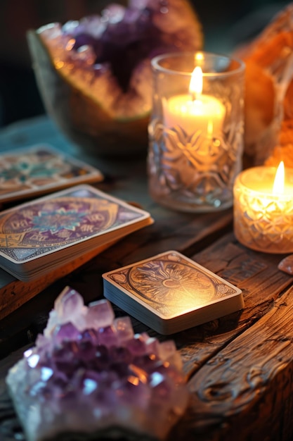 Crystals candles and other divination tools next to the tarot cards Generative AI