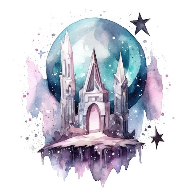 crystals castle watercolor vector illustration clipart tattoo poster design magical abstract