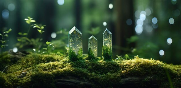 Crystals with moon phases image of moss in a mysterious forest natural background generative ai