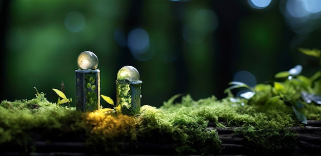 Crystals with moon phases image of moss in a mysterious forest natural background Generative AI