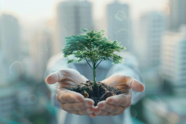 CSR-concept zakenman die een boom vasthoudt in de stad