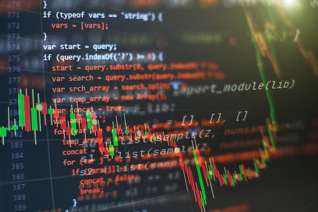 CSS, JavaScript and HTML usage. Monitor closeup of function source code. Abstract IT technology background. Software source code.