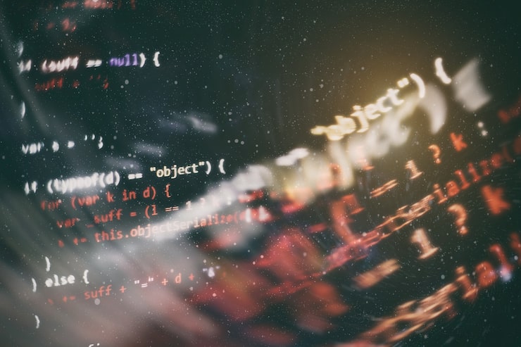 Photo css, javascript and html usage. monitor closeup of function source code. abstract it technology background. software source code.