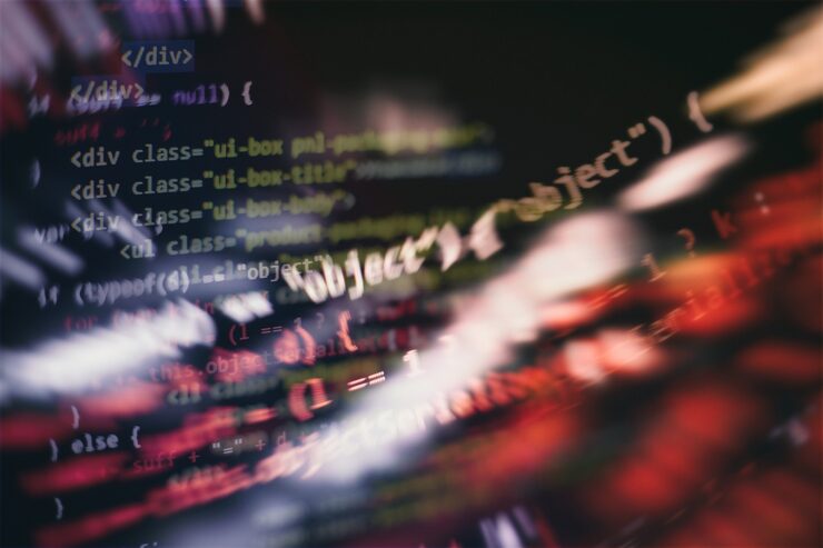 Photo css, javascript and html usage. monitor closeup of function source code. abstract it technology background. software source code.