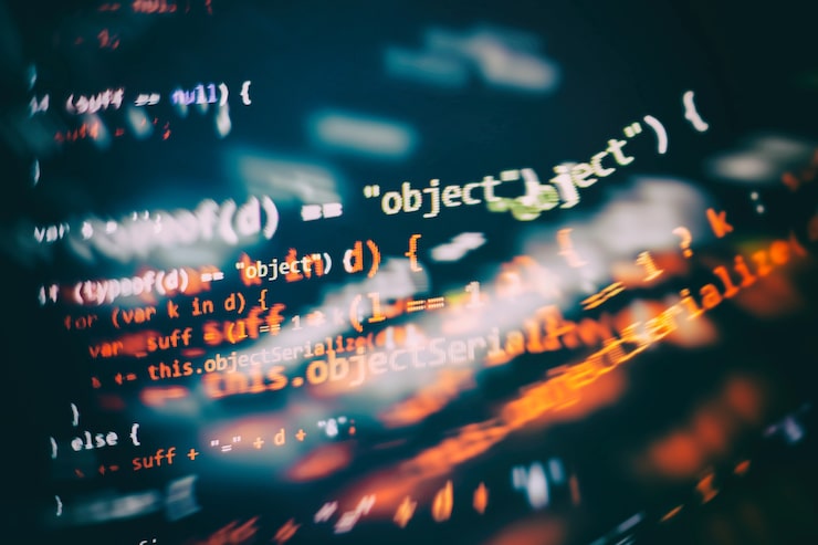 Photo css, javascript and html usage. monitor closeup of function source code. abstract it technology background. software source code.