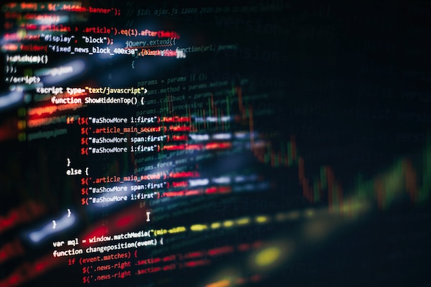 Использование CSS, JavaScript и HTML. Следите за крупным планом исходного кода функции. Абстрактный фон ИТ-технологий. Исходный код программного обеспечения.