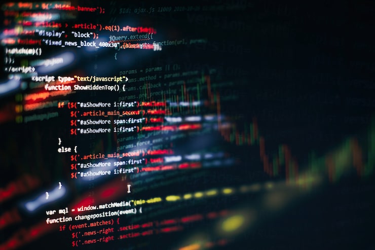 Photo css, javascript and html usage. monitor closeup of function source code. abstract it technology background. software source code.