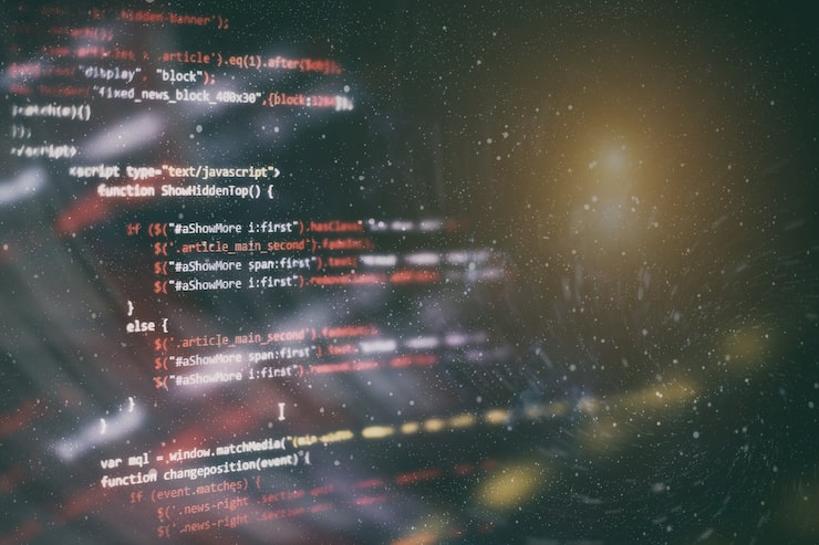 Photo css, javascript and html usage. monitor closeup of function source code. abstract it technology background. software source code.