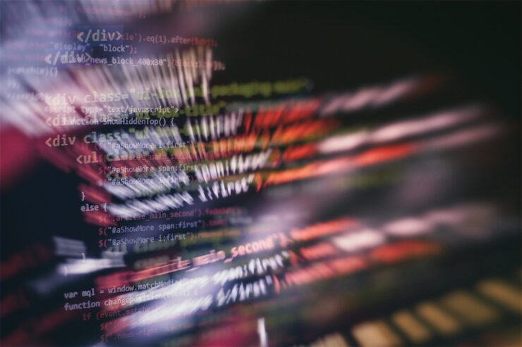 Photo css, javascript and html usage. monitor closeup of function source code. abstract it technology background. software source code.