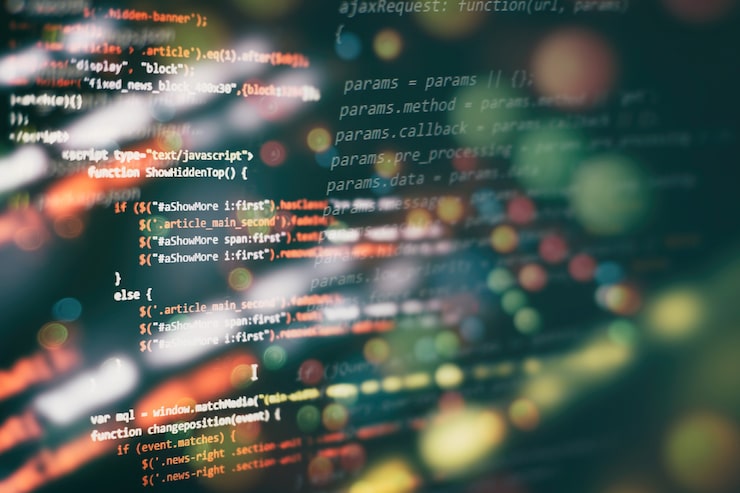 Photo css, javascript and html usage. monitor closeup of function source code. abstract it technology background. software source code.