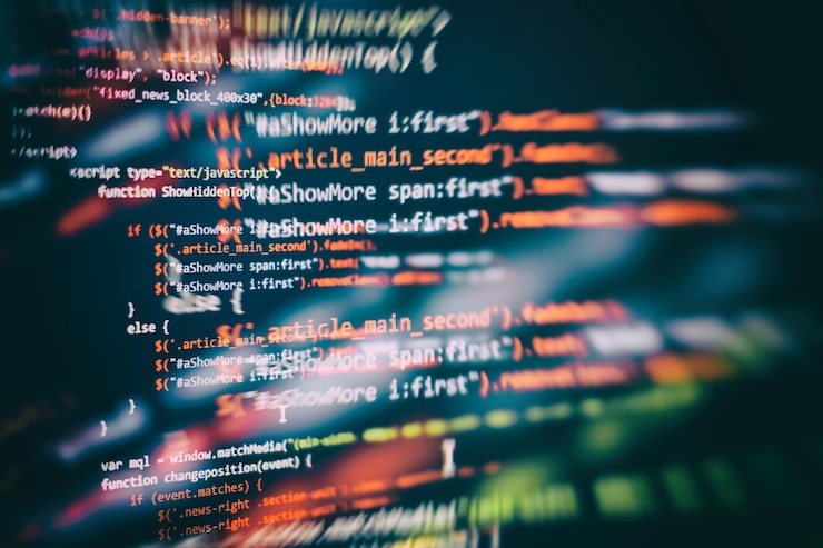 Photo css, javascript and html usage. monitor closeup of function source code. abstract it technology background. software source code.