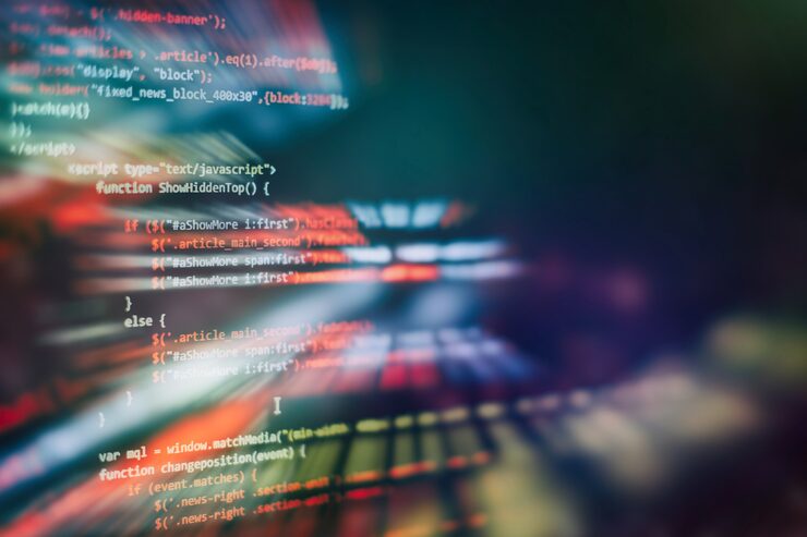Photo css, javascript and html usage. monitor closeup of function source code. abstract it technology background. software source code.