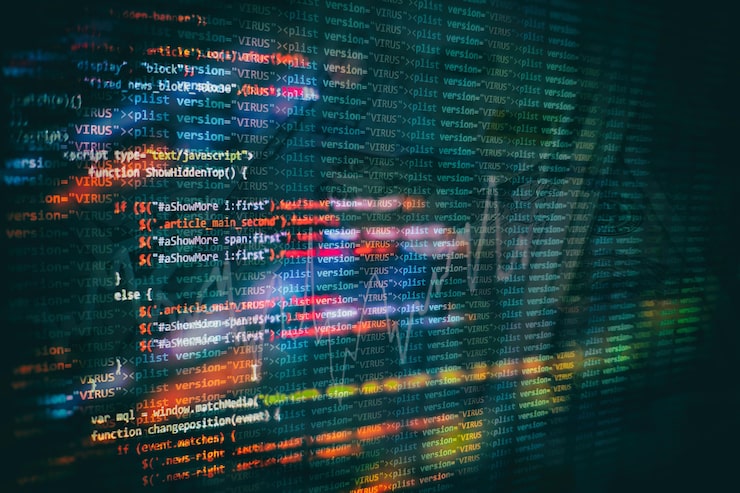 Photo css, javascript and html usage. monitor closeup of function source code. abstract it technology background. software source code.