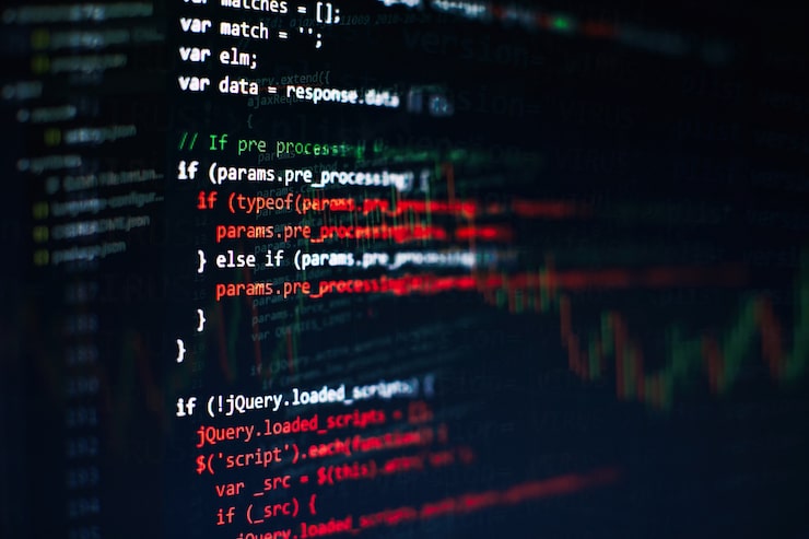 Photo css,javascript和html的使用. 监控功能源代码的近距离. 抽象的it技术背景. 软件源代码.