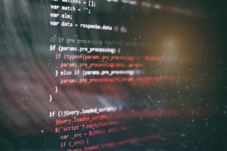 Photo css, javascript and html usage. monitor closeup of function source code. abstract it technology background. software source code.
