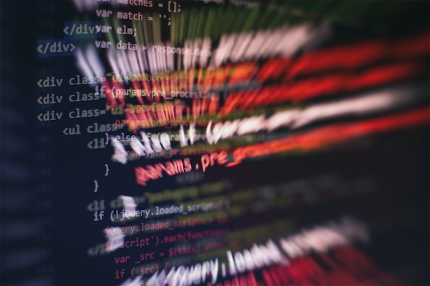 Использование CSS, JavaScript и HTML. Следите за крупным планом исходного кода функции. Абстрактный фон ИТ-технологий. Исходный код программного обеспечения.