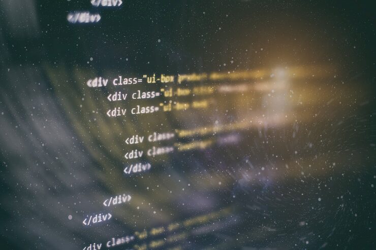 Photo css, javascript and html usage. monitor closeup of function source code. abstract it technology background. software source code.