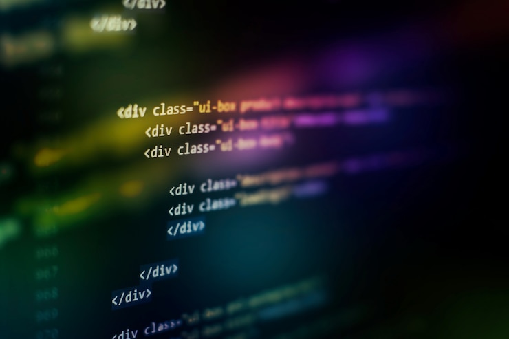 Photo css, javascript and html usage. monitor closeup of function source code. abstract it technology background. software source code.