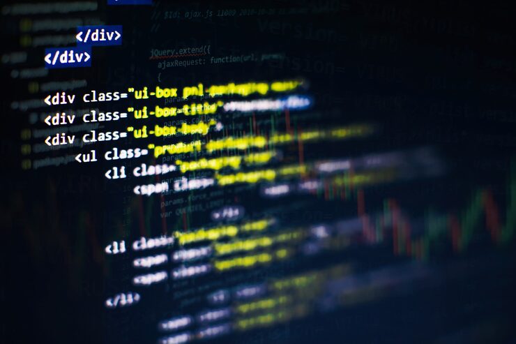 Photo css, javascript and html usage. monitor closeup of function source code. abstract it technology background. software source code.