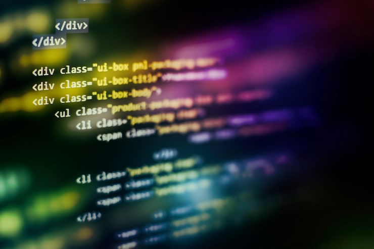 Photo css, javascript and html usage. monitor closeup of function source code. abstract it technology background. software source code.