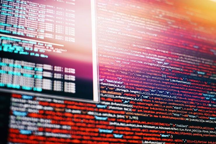 Photo css, javascript and html usage. monitor closeup of function source code. abstract it technology background. software source code.
