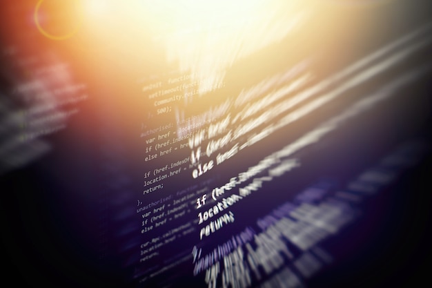 CSS, JavaScript 및 HTML 사용. 함수 소스 코드의 근접 촬영을 모니터링합니다. 추상 IT 기술 배경입니다. 소프트웨어 소스 코드.