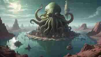 Photo cthulhu in a surreal dreamscape surrounded by floating islands distorted landscapes