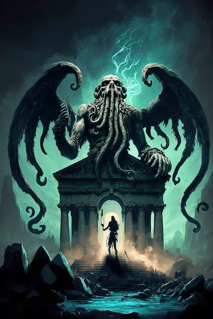 Cthulu monster kolossale Cthulhu oude god wandelende bergen AIGerated