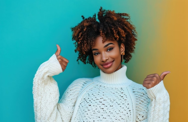 Фото ctp афроамериканская молодая женщина в белом свитере с большим пальцем вверх и указывая вправо