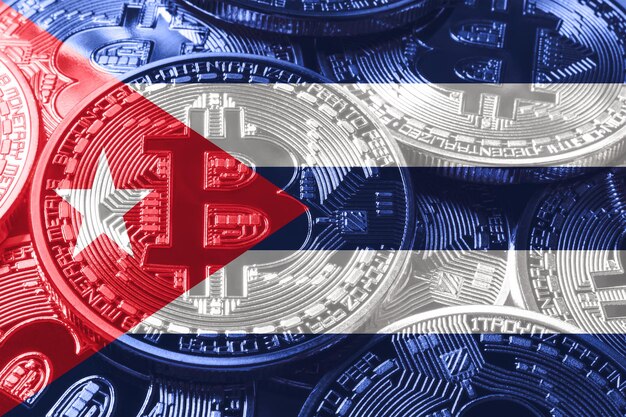 Cuba bitcoin flag, national flag cryptocurrency concept black background