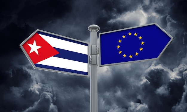 キューバと欧州連合の道標異なる方向への移動3Dレンダリング