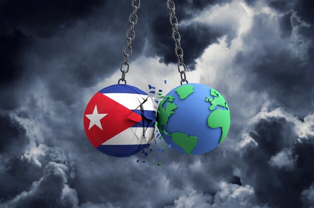 Cuba flag ball smashing into planet earth global impact and\
disaster concept d render