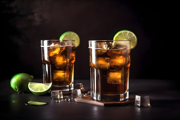 Cuba libre alcoholcocktails met rum citroensap cola limoen en ijs op zwarte achtergrond AI gegenereerd