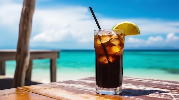 Cuba libre cocktail on background with blue sea and sky tropical background generative ai