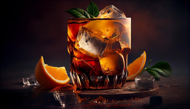 Cuba libre cocktail with orange and ice on wooden tablegenerative ai