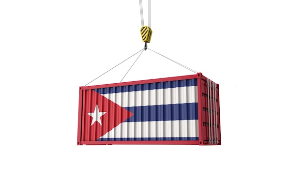 Cuba vlag vracht handelscontainer hangend aan een kraan d render